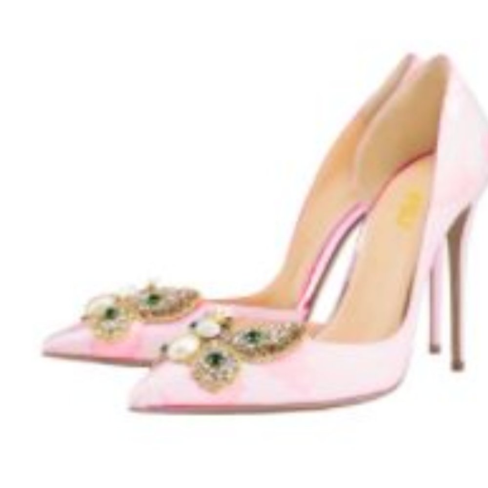 COPY - FSJ Pink Wedding Heels Satin Rhinestone Pointy Toe